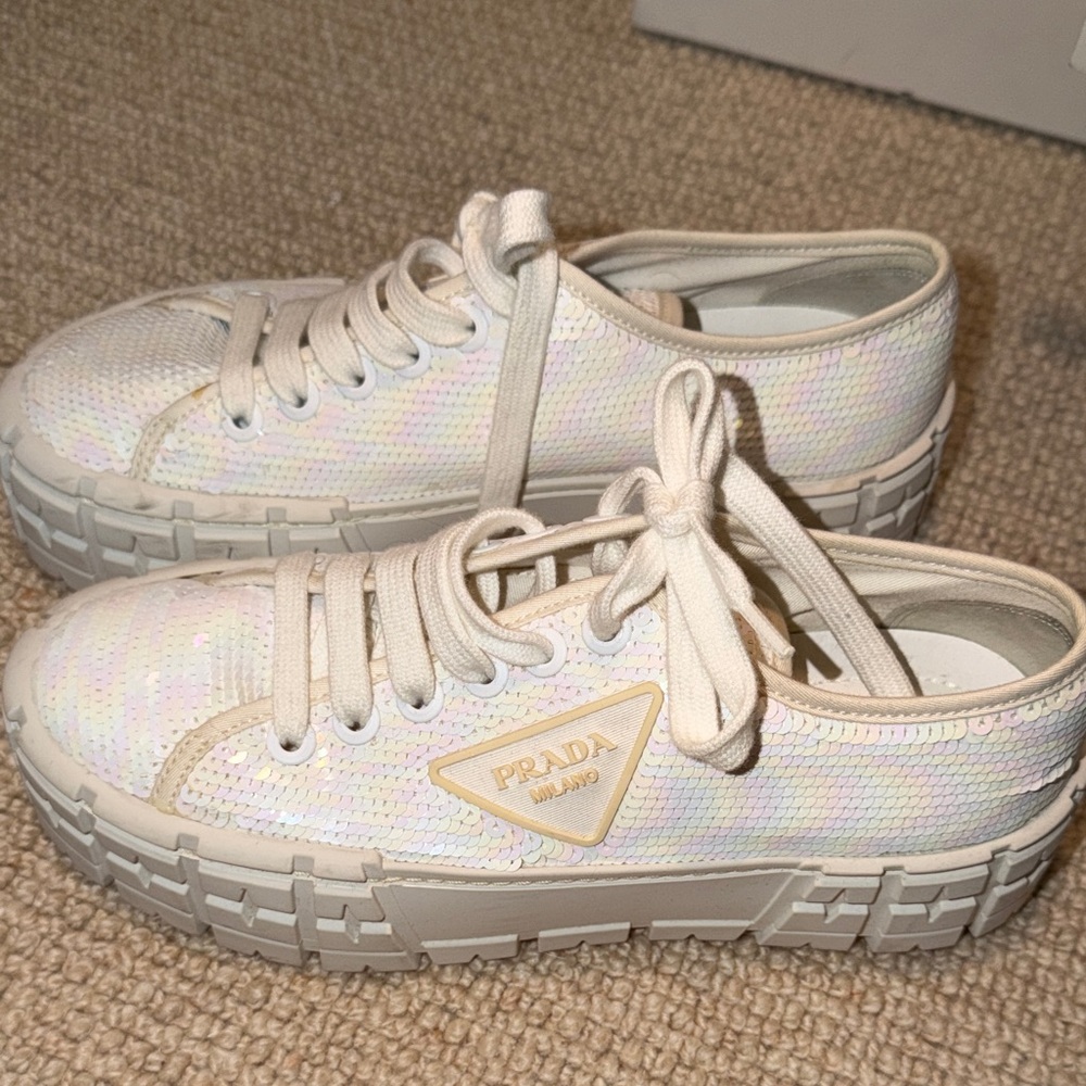 Prada White Iridescent Lace-Up Sneakers